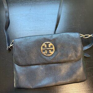 RARE Tory Burch Black Pebbled Leather Fold Over Clutch / Crossbody Bag